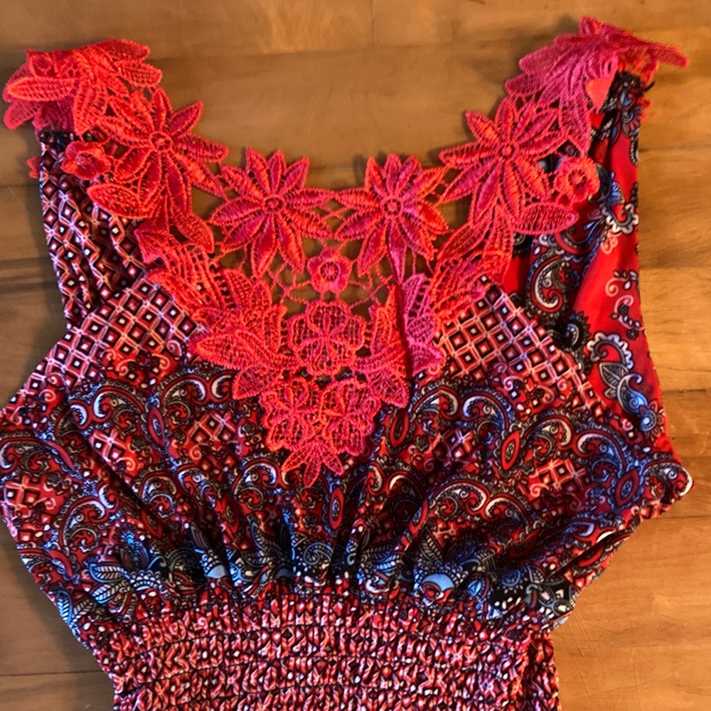 Vibrant Red and Blue Patterned Jumpsuit - Picture 4 of 6